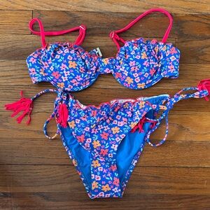 Floral Bikini Set with Pink Straps